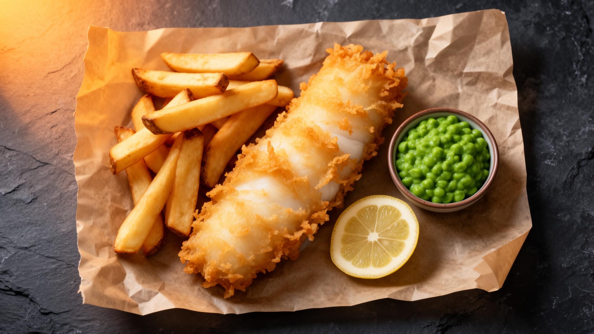 Golden battered cod and hand-cut chips on parchment paper